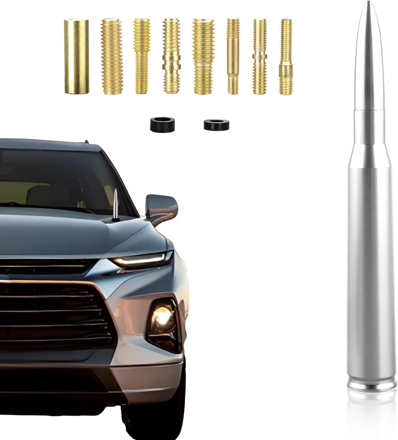 Seprochoo Car Truck Bullet Antenna 50 Cal Bullet Antenna Truck Accessories Universal Replacement for GMC Sierra 1500 Chevy Dodge Ram Silverado 1500 2500 3500 Ford F150 F250 F350 Car Truck Decoration (Silver) - Image 1